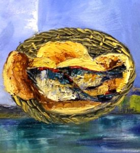 Basket with 2 fishes and five loafs of bread